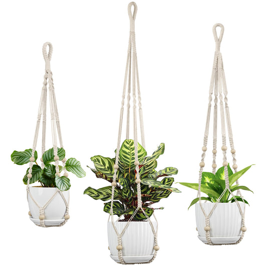 IDEEEPAN Macrame Plant Hanger - Fits 4 to 15 inches Pots for Indoor Outdoor, 43"/35"/29" Different Sizes Set, Ivory (POTS NOT Included)