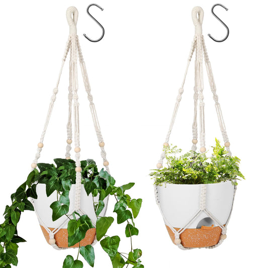 GARDIFE 10 Inch Hanging Planters with Macrame Plant Hanger for Indoor and Outdoor Plants, 2 Pack Large Self Watering Hanging Plant Pot with Basket Flower Pot with Drainage Hole, White