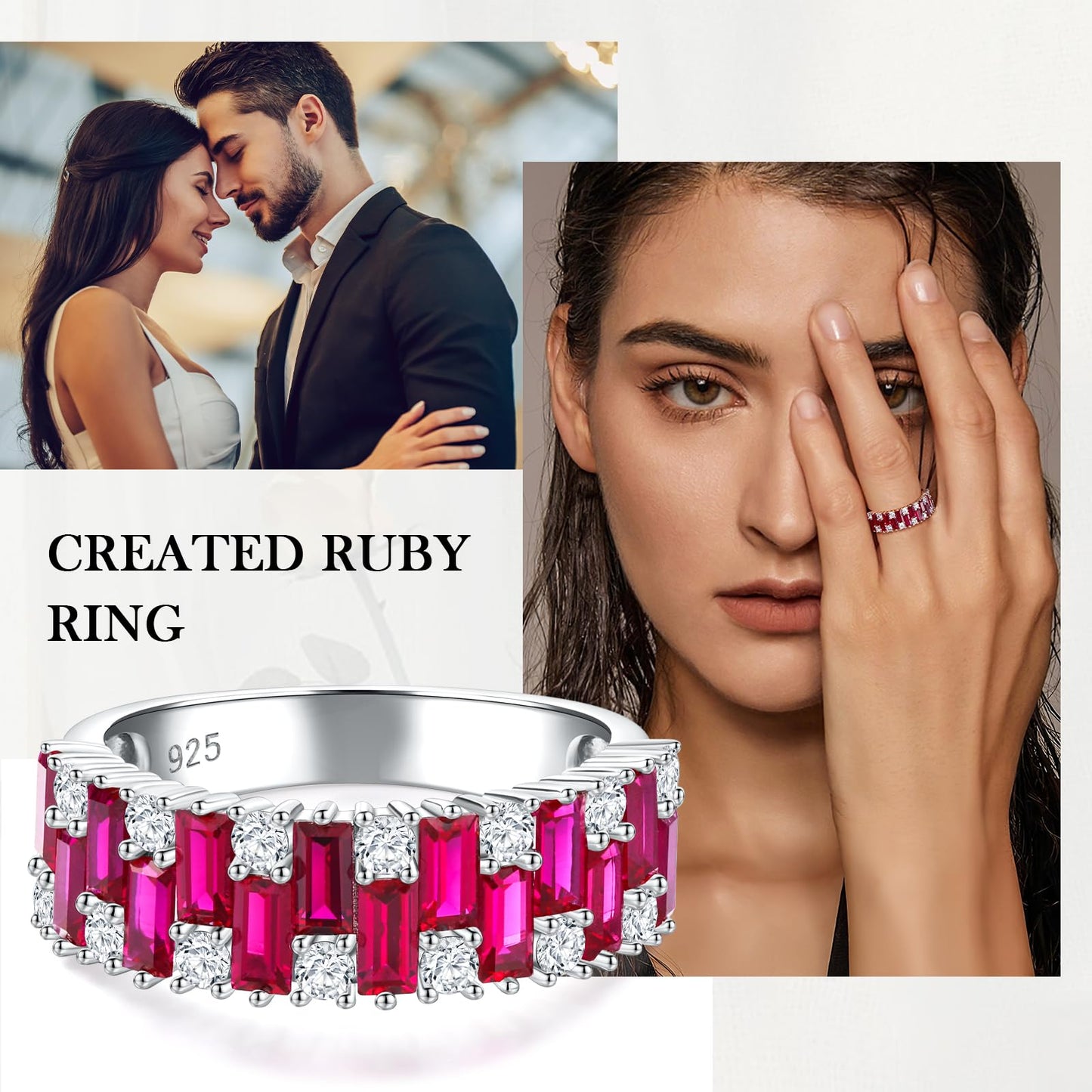 RANDES Cubic Zirconia Band Rings for Women 3 Carat Emerald Cut Engagement Ring Eternity Band Sterling Silver Ruby Ring Baguette Anniversary Rings Size 6