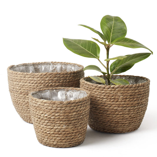 La Jolíe Muse Seagrass Planter Basket Indoor, Flower Pots Cover, Plant Containers, Natural, 3-Pack
