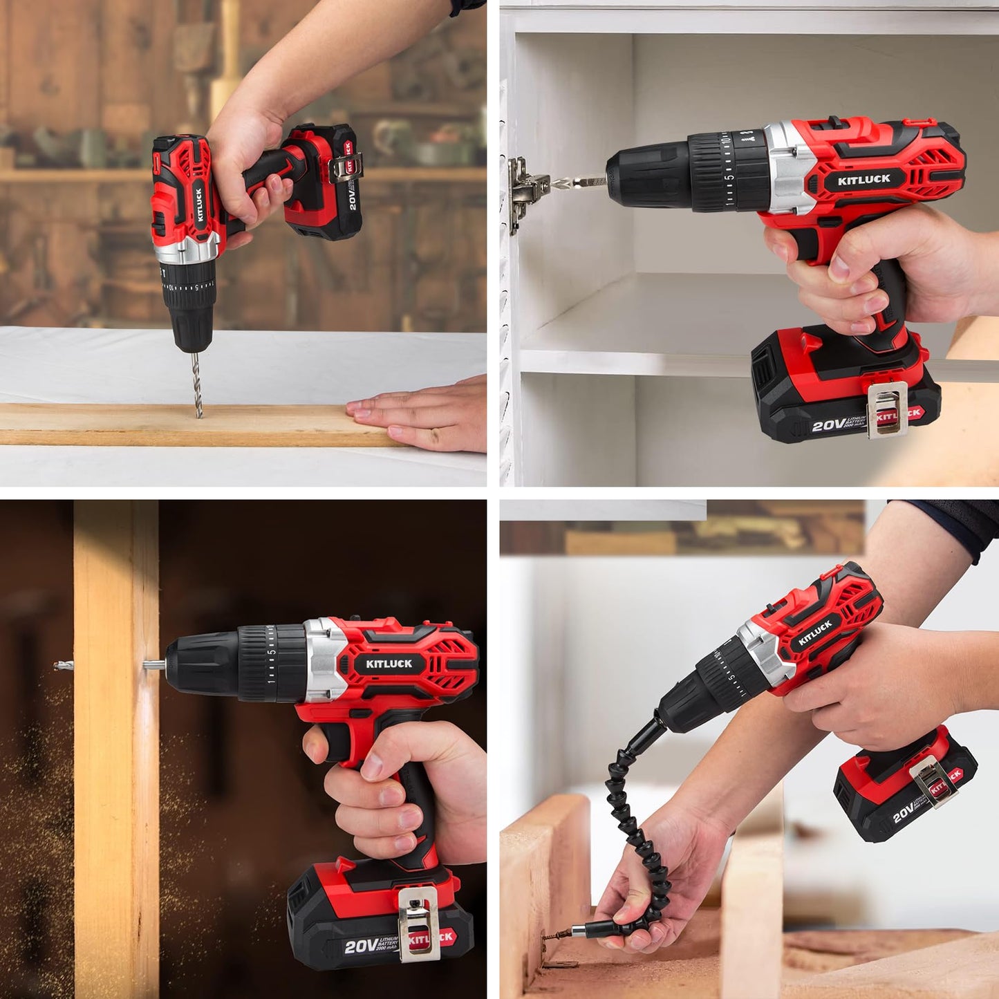 KITLUCK Cordless Drill Set, 20V Power Drill Kit Electric Drills with 2 X 2.0AH Battery, 44pcs Bits, 1 Box Screws, Bubble Level, 3/8'' Chuck Power Drill, 32NM, 21+3 Position, 2 Variable Speed