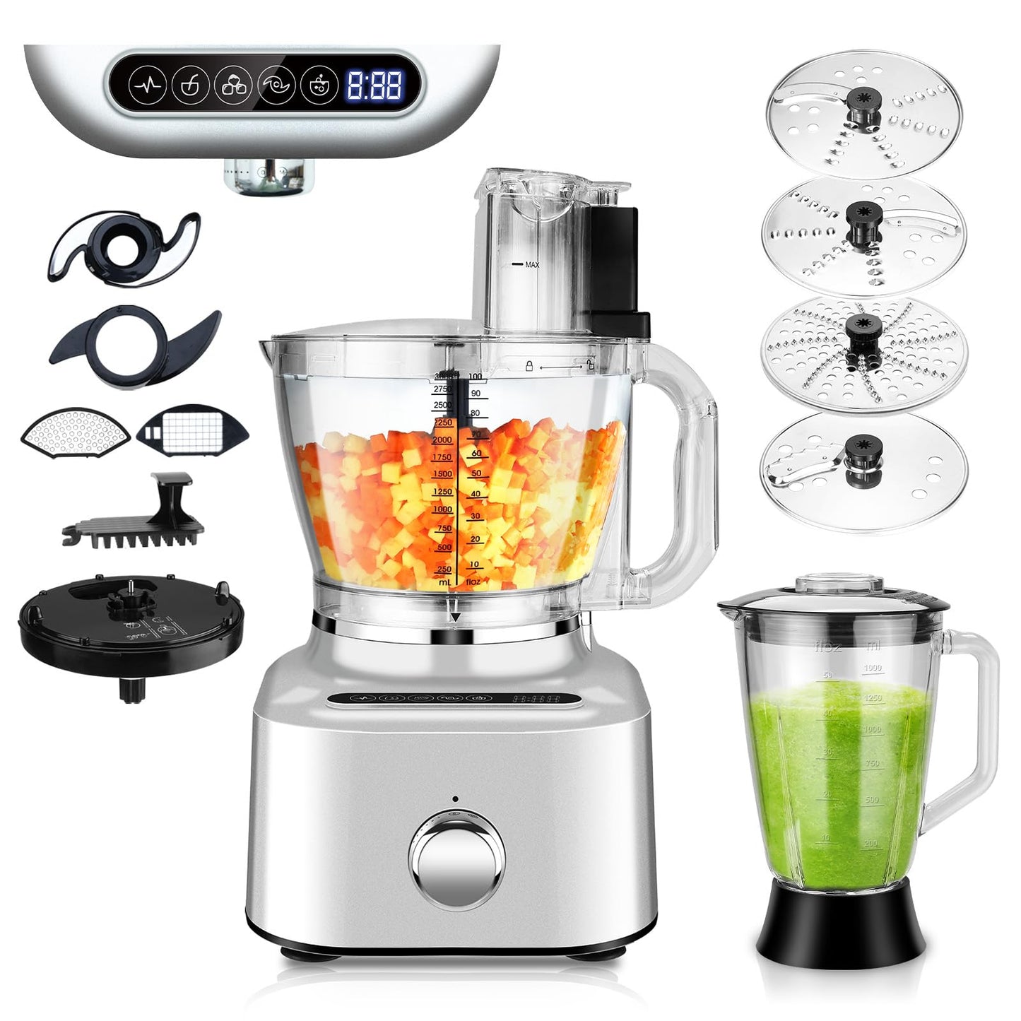 Homtone 16 Cup Food Processor, Large 11-in-1 Heavy Duty Food Processors and Blender Combo- 5 Preset Modes for Chopping,Shredding, Slicing, Kneading, Blending, Stepless Speed Control, 650W, Silver