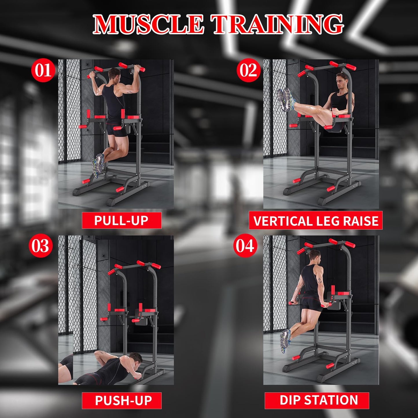 Power Tower Dip Station, Pull Up Bar Station & Multi-Function Gym Equipment For Home Strength Training Adujustable Height Up to 85.5",Load 350LBS