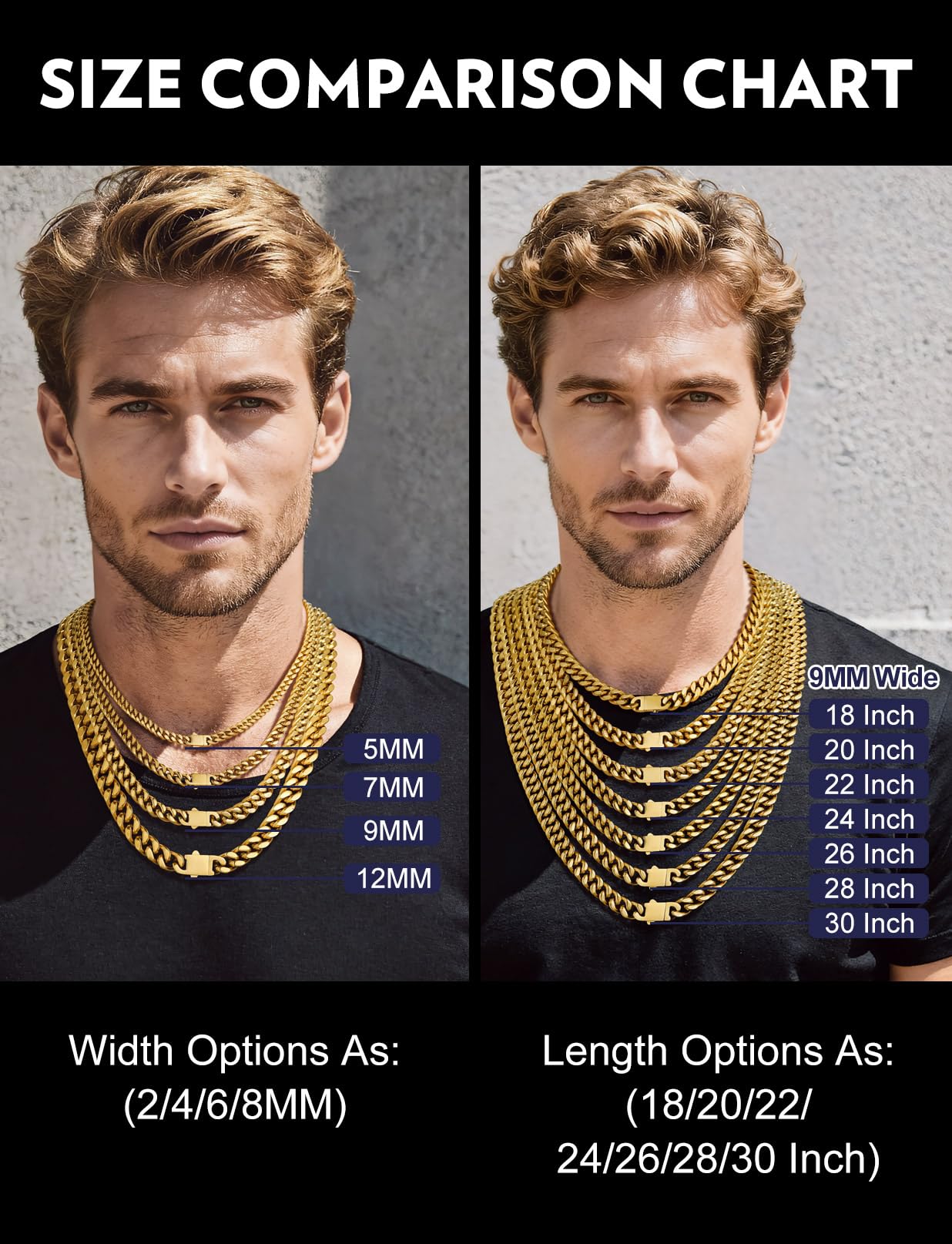 Bandmax 14K Gold Plated Necklaces for Men Gold Plated Cuban Choker Chain 9MM Miami Link Chain Necklace 20Inch Cadena de Acero Inoxidable para Hombre