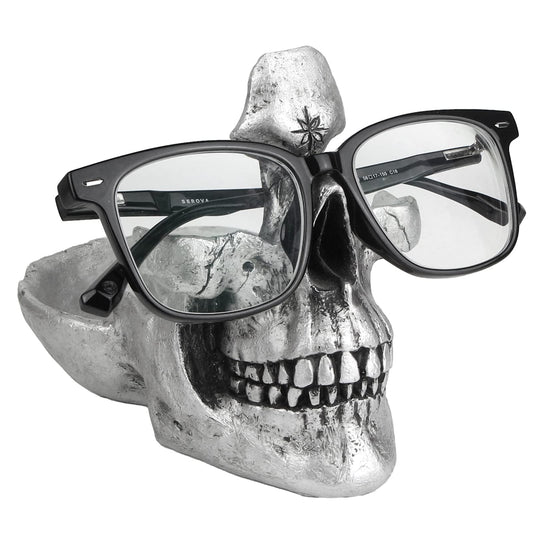 Mrlikale Skull Glasses Stand, Creative Eyeglasses Display Rack, Sunglasses Spectacle Holder, Key Holder Resin Sculptures for Entryway, Home, Office, Desk, Nightstand (Silver)