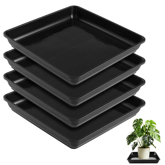 Vesici 4 Pack Large Squared Plant Saucer 23.6 x23.6”x 3” Black Plastic Garden Square Potting Tray for Indoor Outdoor Plant Water Receiving Tray for Flower Pot Planter, Windowsill