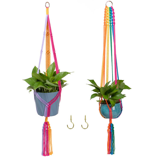 HOWMAX Rainbow Colorful Macrame Plant Hanger with 2 Hooks, Hanging Plant Holder Indoor Outdoor, Handmade Cotton Rope for Boho Room Decor Hanging Ceiling Decor，2 Pack