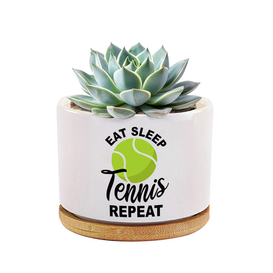 Loovelo Eat Sleep Tennis Repeat Tennis Gifts for Sports Lover Coach Player Ceramic Succulent Plant Pot with Bamboo Tray Home Office Decor 3.5 Inch White (No Plants)