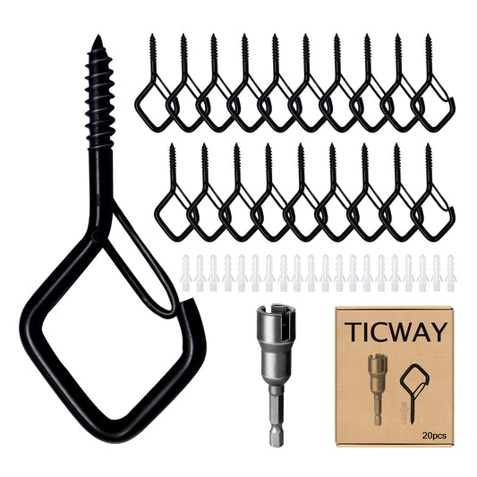 Ticway 20 PCS Q-Hanger Hooks for String Lights, Ceiling Hooks for Hanging Plants, Wind Chimes, Bird Feeders, Lanterns, Christmas Decorations (Square Hanger) Black