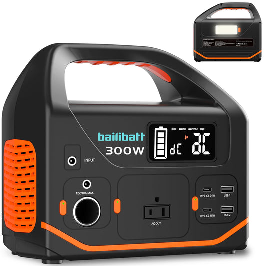 BailiBatt 300W Portable Power Station, 266Wh Solar Generator with 7 Outputs & Dual USB-C PD (24W+18W), 110V Pure Sine Wave AC, 6.5lb Lightweight Battery Backup for Camping, CPAP RV Home Blackout