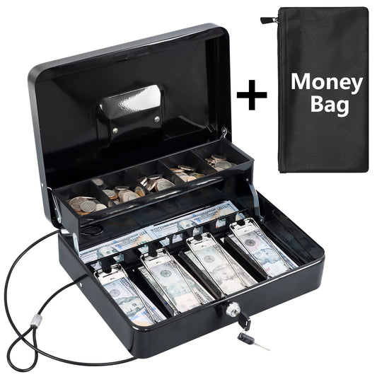 KYODOLED Cash Box with Money Tray, Key Lock Money Safe with Security Cable and Waterproof Bag, 11.81L*9.45W*3.54H inch, Black X Large