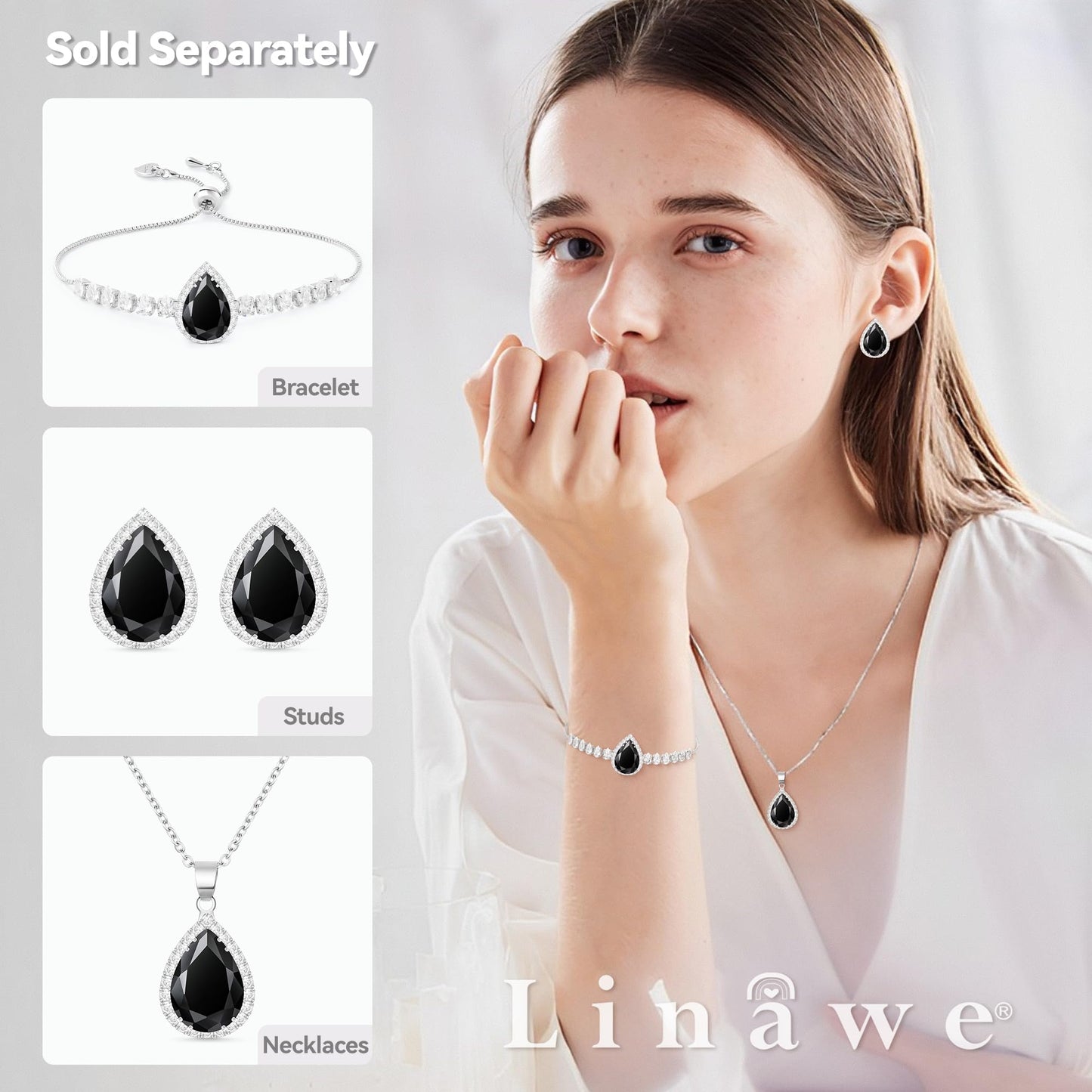 Linawe Black Crystal Silver Chain Pendant Necklace for Women Trendy, Imitation Diamond Cubic Zirconia Birthstone Rhinestone Teardrop Boho Necklace, Costume Jewelry Preppy