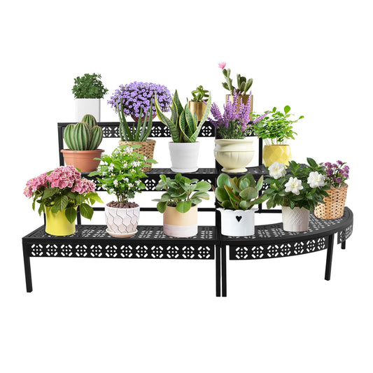 BAIODNB 3 Tier Plant Stand Semi-Circular Flower Pot Organizer Rack, Quarter Round Plant Display Holder Outdoor Storage Shelves, Metal Corner Shelf Planter Shelving Ladder Plant Stand for Indoor Use
