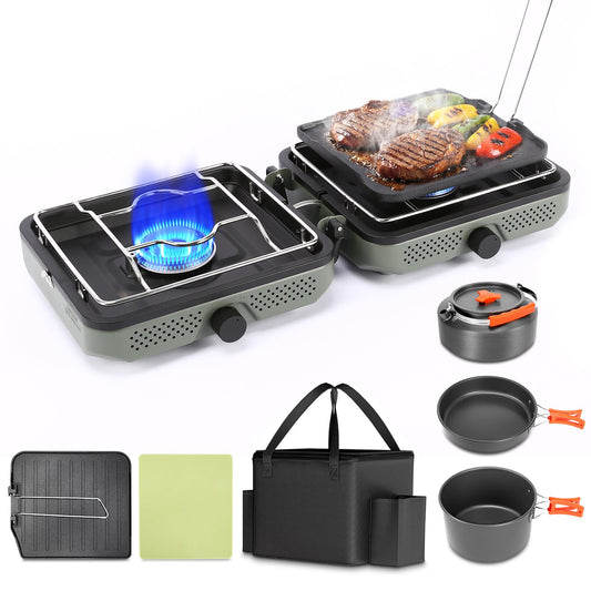 Hisencn Camping Stove,2 Burner Propane Camping Stove with Cookware Set,30,000 BTU Foldable Portable Gas Stove with Carry Bag,Outdoor Cooking Stove for Camping Gear,RV Essentials & Emergency,Green