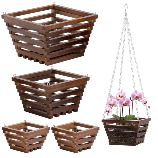SiliFine 5 Pcs Wooden Orchid Hanging Basket with Hangers Pine Rustic Vanda Baskets Square Handmade Orchid Pots for Indoors Outdoors Garden Staghorn Ferns Mount Plants Flowers (6inch,8inch,10inch)