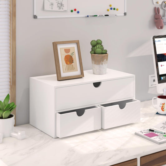 Bamboo Desk Organizer with Drawers Desktop Storage Drawers for Bills Office Supplies Kitchen Utensils Organizing Tool for Home Classroom Organization No Assembly (White)