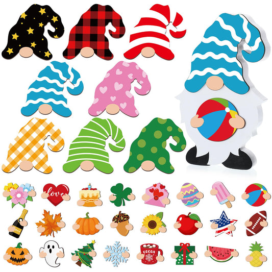 Qunclay 33 Pcs Interchangeable Wooden Gnome Decor Summer 4th of July Patriotic Gnome Decor with Magnet and Detachable Hats Holiday Table Centerpieces for Home(Classic)
