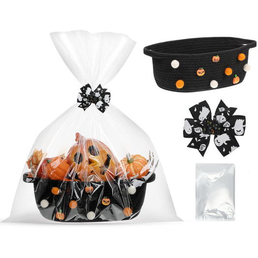 Teenyyou Halloween Gifts Basket Empty, 12" x 8" x 5" Woven Rope Basket with Gift Wrap Bag and Bow Clip for Halloween Party Gift Wrapping Decorations(Black)