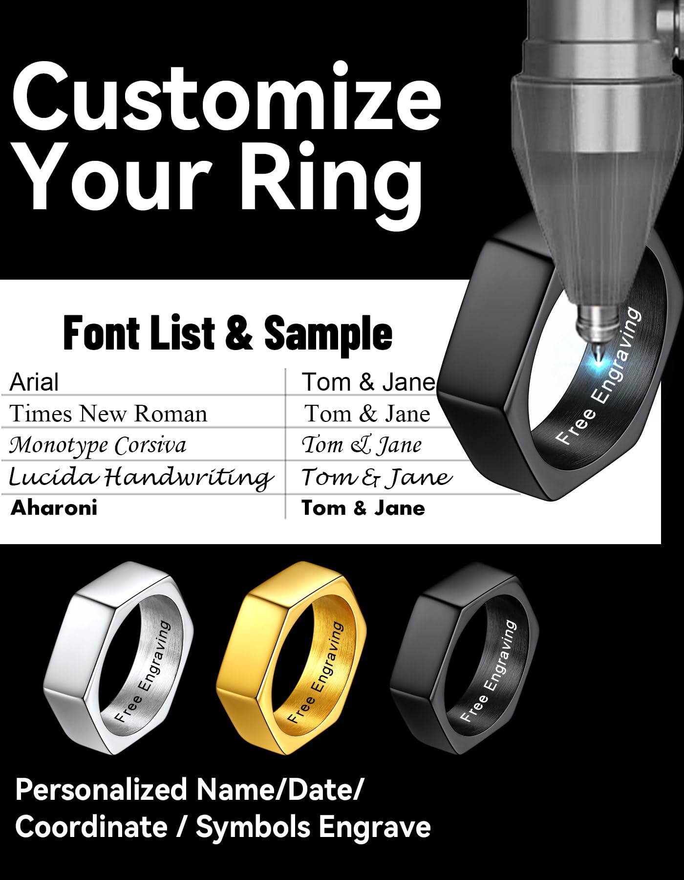 ChainsHouse Personalized Engravable Stainless Steel Black Hexagon Geometric Biker Ring Bands, Size 7