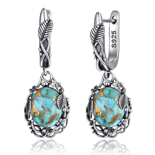 Phyonio Teal Oval Turquoise Dangle Earrings for Women Leaf Vine Flower Latch Back 925 Sterling Silver Earring Vintage Oxidised Boho Jewelry Valentines Day Gift for Wife