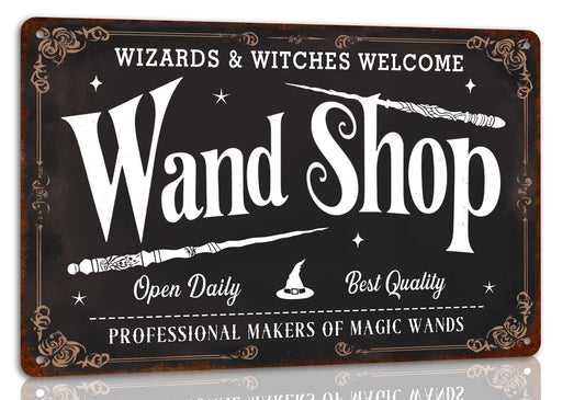 Wand Shop Wizards & Witches Welcome Halloween Metal Tin Sign Wall Art for Farmhouse Home Cafes Haunted House Halloween Holiday Party Decor 8x12 Inch