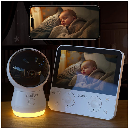 BOIFUN 5.5" AI 4MP WiFi Baby Monitor with Camera and Audio Pro Max: Smartphone App and Monitor Control, Upgrade AI Detection (Tummy Sleeping & Face), Colorful Night Light, 360° Camera, Sound Detection