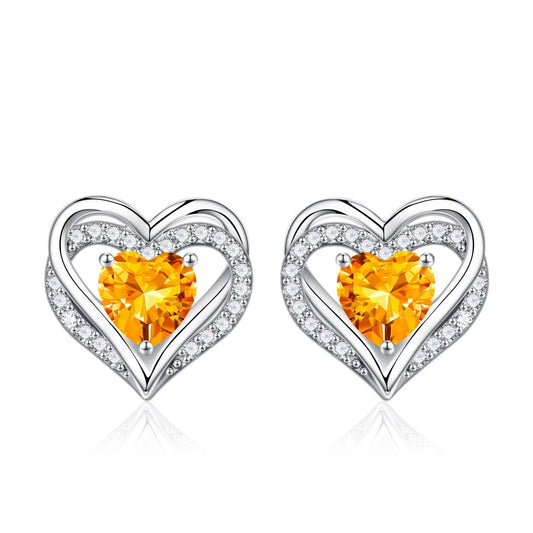 Iefil Birthstone Earrings for Women, 925 Sterling Silver November Birthstone Yellow Citrine Heart Stud Earrings for Women