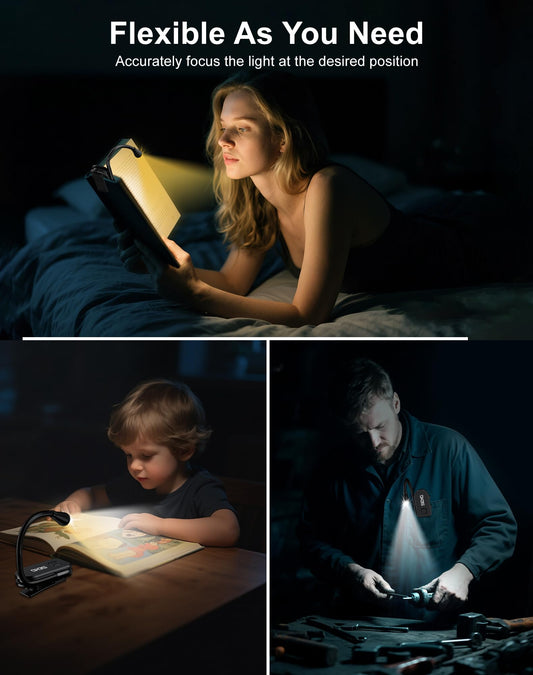 Siuyiu Extendable Book Lights for Reading at Night, Rechargeable Clip on LED Reading Light - 3 Color Temperatures with Stepless Dimming, 80 Hrs Runtime Lightweight Clip on Light for Book Lovers