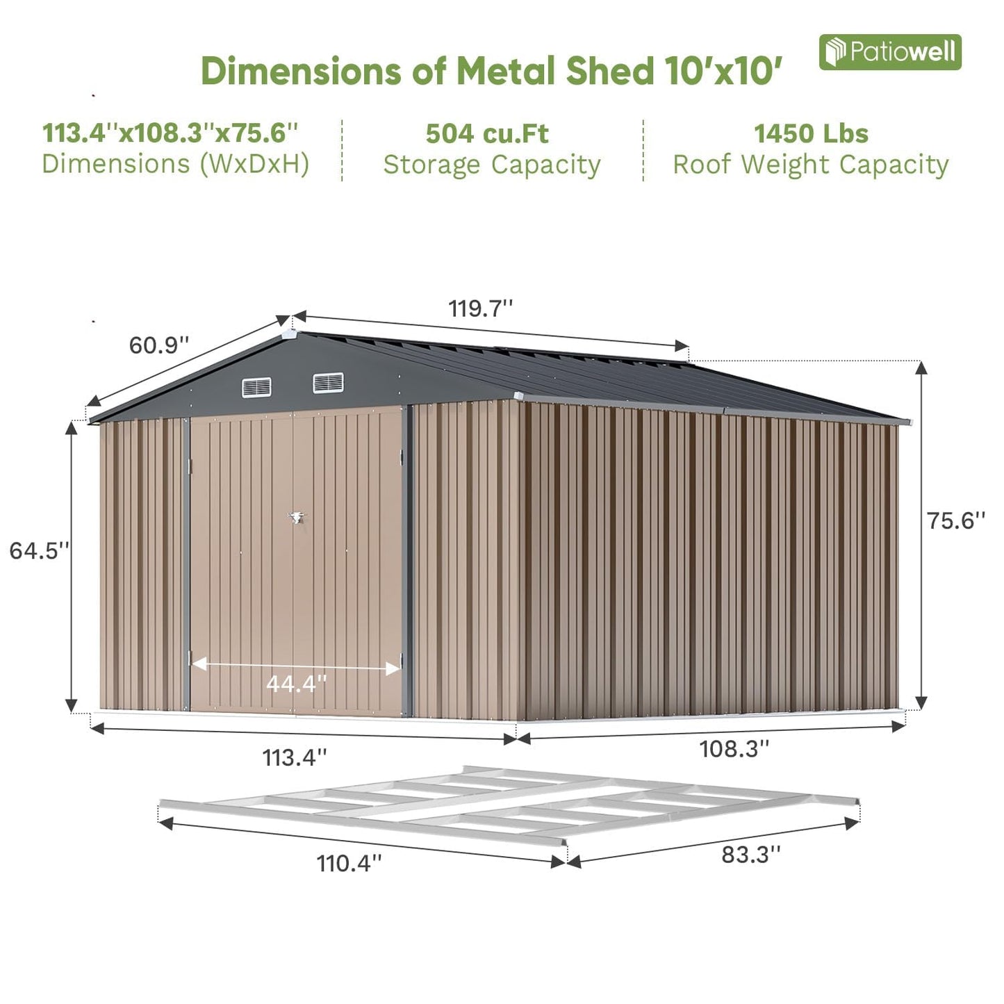 Patiowell 10 x 10 FT Outdoor Storage Shed with Floor Frame, Metal Yard Shed with Design of Lockable Doors, Utility and Tool Storage for Garden, Patio, Backyard, Outside use, Brown
