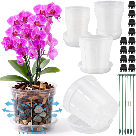 FDKYOEK 12 Pack Orchid Pots, 4/5/6 Inch Plastic Orchid Pots with Holes and Saucers, Clear Orchid Pot with Plant Stakes and Clips, Small Breathable Orchid Planter Nursery Pot for Repotting