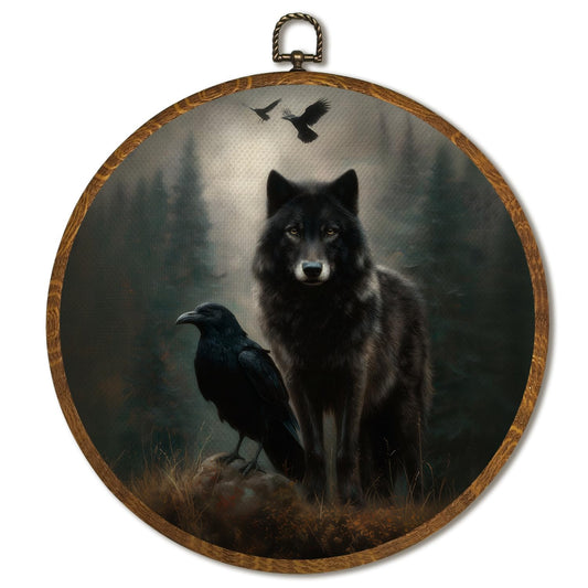 Vintage Wolf and Raven Wall Art Decor 10x10 Inch Framed - Dark Moody Gothic Decor, Mystica Black Crow Circular Wall Art for Home Living Room, Gothic Romantic Wall Decor, Neutral Retro Artwork(Crow&Wolf)