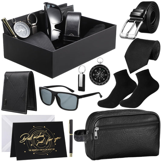 Geyoga 12 Pcs Men Father's Day Birthdays Gift Set with Box for Men Dad Basket PU Leather Wallet Leather Toiletry Bag Tie Socks Belt Keychain Sunglasses Pen Compass Set(Black)