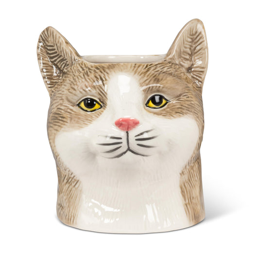 Abbott Collection Small Tabby Cat Planter - Stoneware, Grey/Brown (5 inches H)