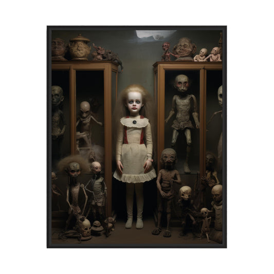 Creepy Doll Collection Art Poster Print, Haunted Scary Spooky Halloween Wall Art Painting Decor Gallery 29 (Creepy Doll Collection, 14" L x 11" W, Black Frame)