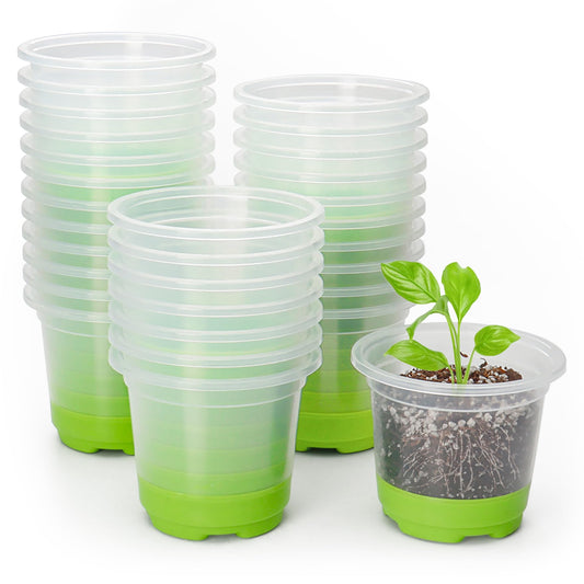 MIXC Thickened Clear Nursery Pots with Silicone Base for Easy Transplant 30 Packs 4 Inch, Transparent Plant Pot Reusable Seedling Pots for Vegetable Propagation, Root Cutting, Seed Starting, Green