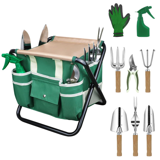 LeMotech Garden Tool Set,10 Pieces Heavy Duty Gardenting Tool Kit, Folding Stool with Detachable Tote Bag, Thicker Stainless Steel Tools (Trans-Planter,Trowel,Weeder etc.) for Women Men