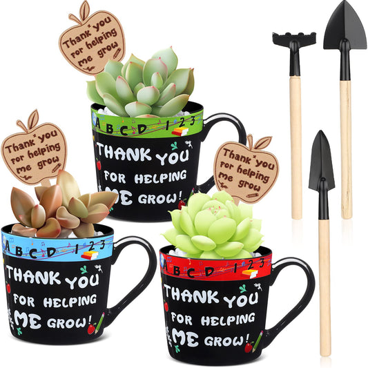Amyhill 3 Sets Teacher Graduation Gifts Thank You for Helping Me Grow Pot Mini Succulent Plant Pots Coffee Cup with Tags for Teacher Graduation Appreciation Daycare Gifts (Plants Not Included)