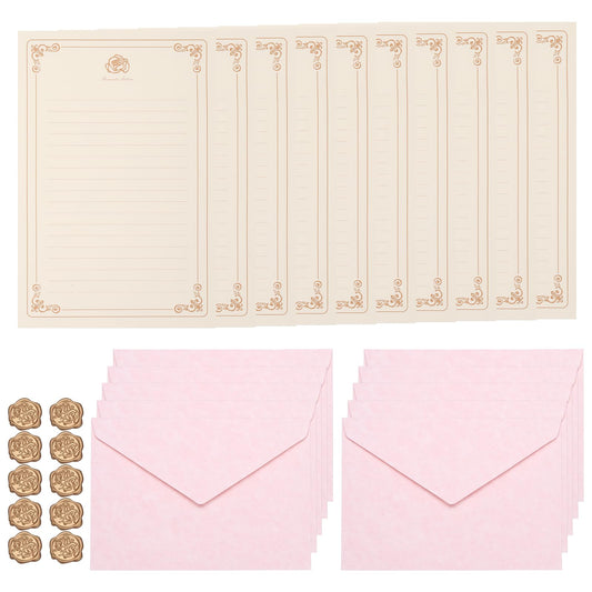 PATIKIL 10 Pack Stationery Paper and Envelopes Set, Stationary Set Letter and Envelopes Vintage Lined Pretty Paper Parchment Retro Elegant with Sealing Wax for Writing Letters Women, Pink