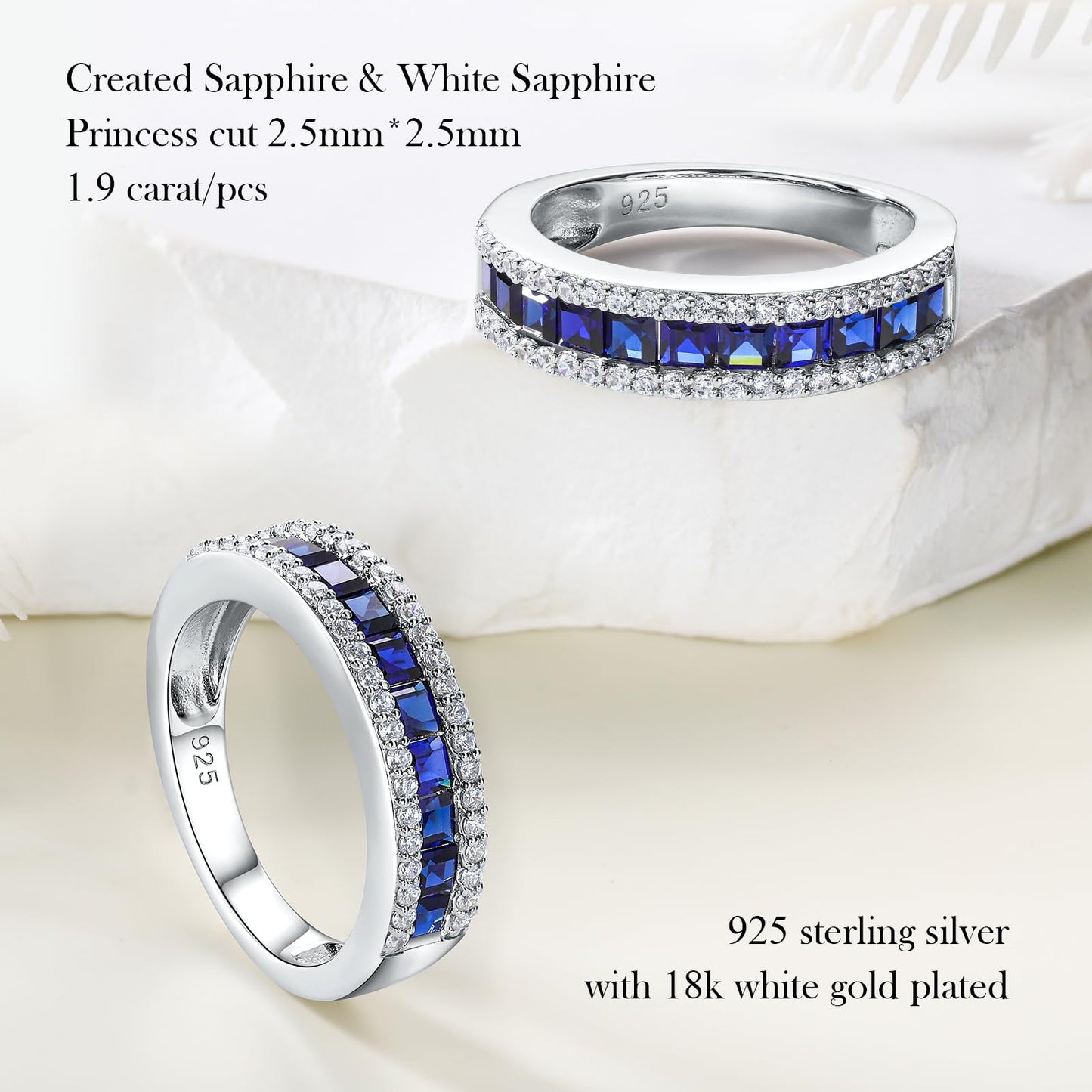 RANDES Eternity Band Rings for Women 925 Sterling Silver Created Blue Sapphire Channel Set Princess Cut Engagement Ring Size 6