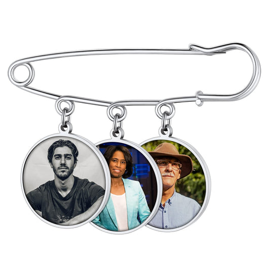 Custom4U Memory Charms for Wedding Bouquet Customized with 3 Pictures Custom Photo Brooch Pins Funeral Boutonniere Round Shaped Charm Memorial Jewelry