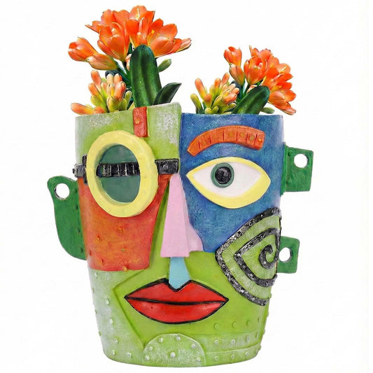 PlivBloom Abstract Face Planter Pot, Hand-Painted Resin Flower Pot with Top Opening for Planting, Decorative Planter for Indoor Plants, Art Accent Flowerpot Decor