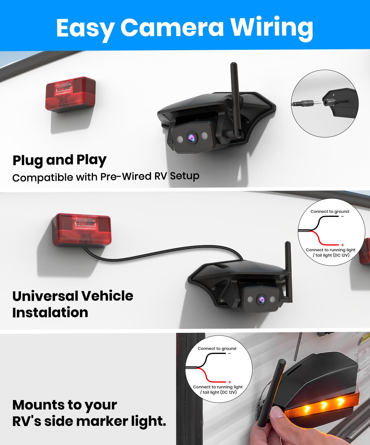 AUTO-VOX Wireless RV Backup Camera: Rear&Side View with 7.2” HD 1080P Triple-Split Screen Monitor, Dual Power USB/Car Charger, DVR Recording, Stable Signal Rear View Camera for Camper, Travel Trailer