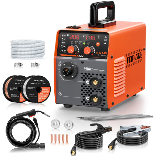 145A MIG Welder 110V, Gas MIG/Flux Core Gasless MIG/MMA Stick/Lift TIG, 4-in-1 Multi-Process Welding Machine with Synergic Control, Wire Feed Welder with IGBT Inverter & Complete Kit
