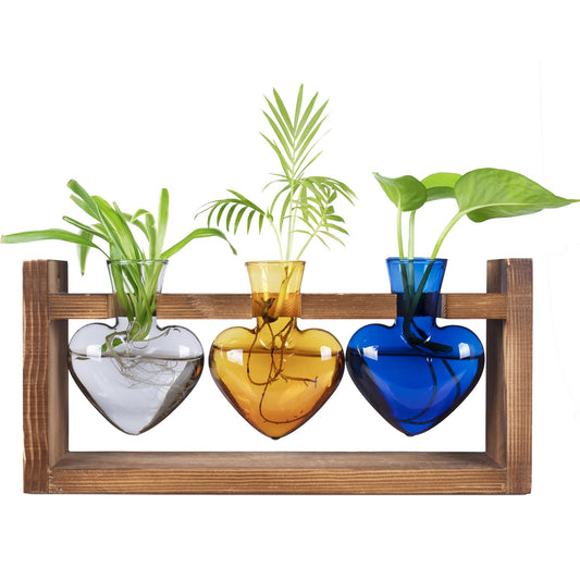 Kingbuy 3-Heart Plant Terrarium Kit with Vintage Wood Stand - Stained Glass Vase Propagation Station, Wall-Mounted & Tabletop Indoor Decor for Home Kitchen Wedding Gift (Grey, Amber, Blue)