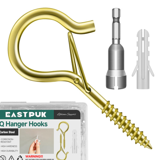 EASTPUK 20PCS Q-Hanger Hooks with Safety Buckle, 2.2 Inch Gold Eye Hook Screw Cup Wall Ceiling Q-Hanger Hooks for Outdoor String Lights Hanging Christmas Lights, Plants with 1 Wing Nut Driver