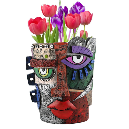 TOZLU Picasso Brutalist Beauty Face Flower Pot - Head Planter with Colorful Face Art - Resin & Flower (Stare Flower Pot)