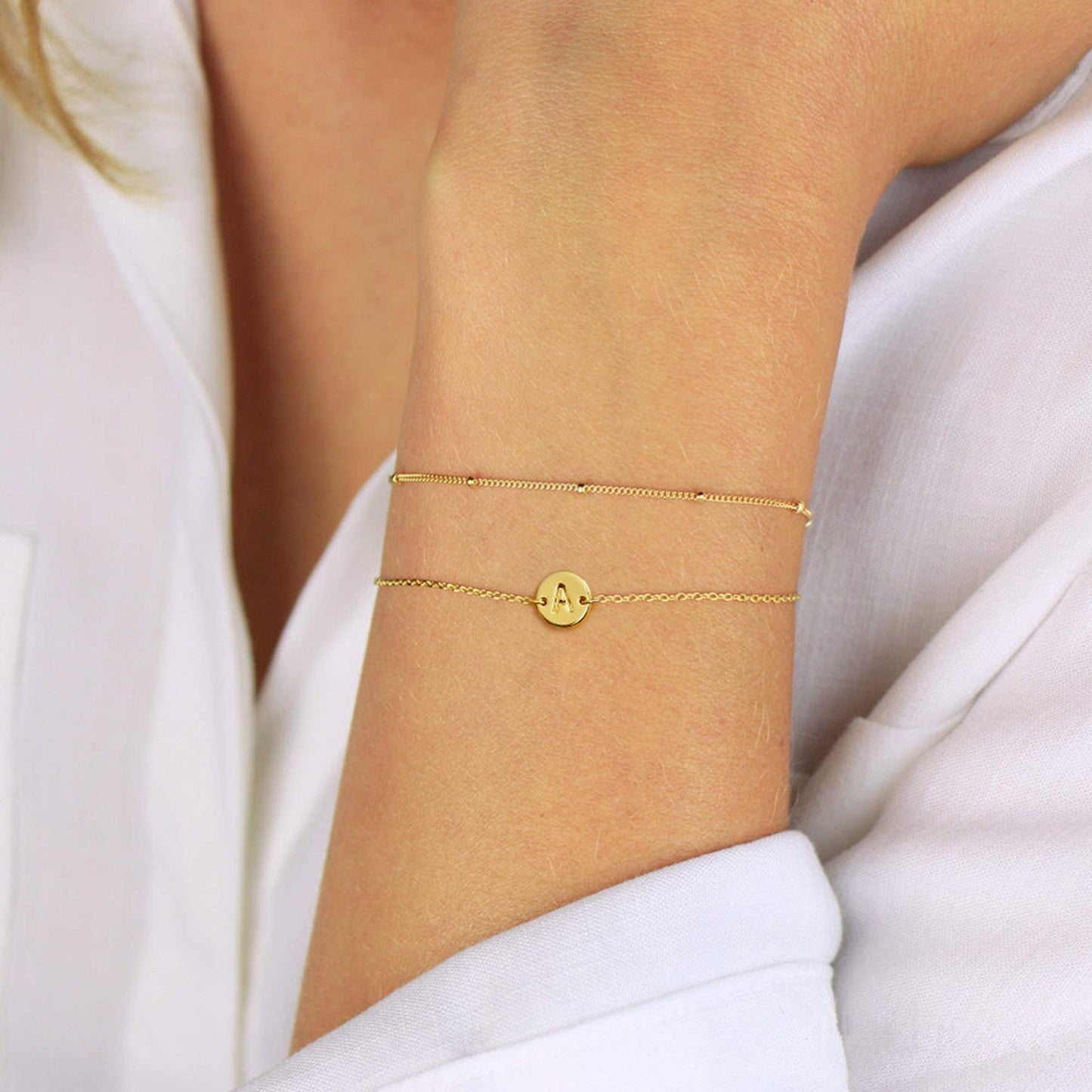 MONOZO Gold Initial Bracelets for Women, Dainty 14K-gold-plated Layered Beaded J Letter Initial Bracelet Personalized Alphabet Disc Monogram Charm Bracelet Jewelry Gifts