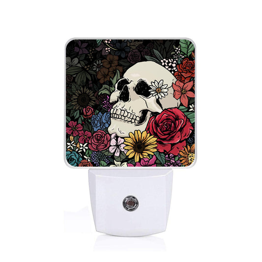 GANTINIR Halloween Skull Night Light, Plug-into Skeleton Flower Floral Nightlight White LED Lamp, Energy Efficient Decor Desk Lamp for Bedroom Hallway Stairs Bathroom