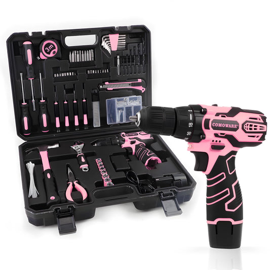 COMOWARE Pink Household Tool Set with 12V Cordless Drill Driver, Hand Tool Kit for Women, Power Drill Set with Plastic Toolbox, Ideal for Office, Garden, DIY Project