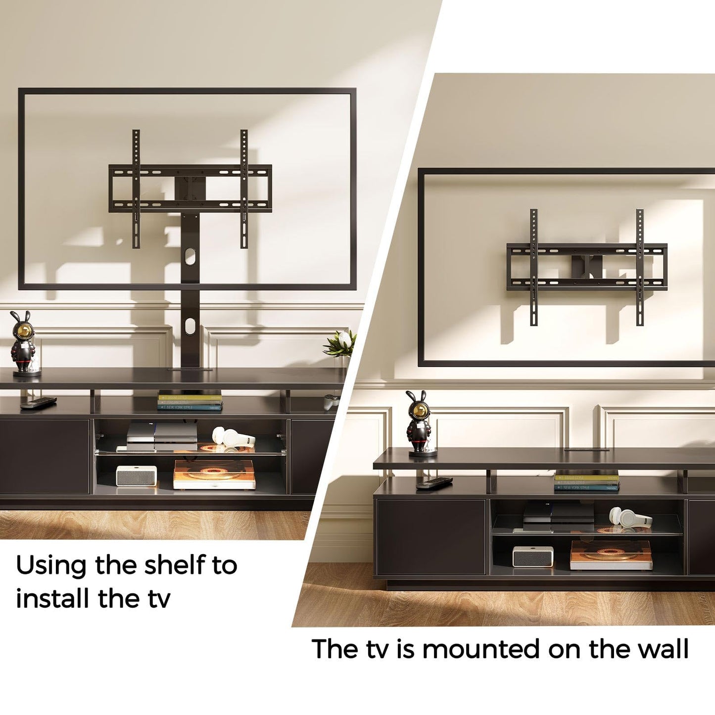 Rolanstar TV Stand with Mount and Power Outlet 59.1", Swivel TV Stand Mount for 32/45/55/60/65/70 inch TVs, Height Adjustable Modern Entertainment Center with Storage & LED Lights, Black TV Table